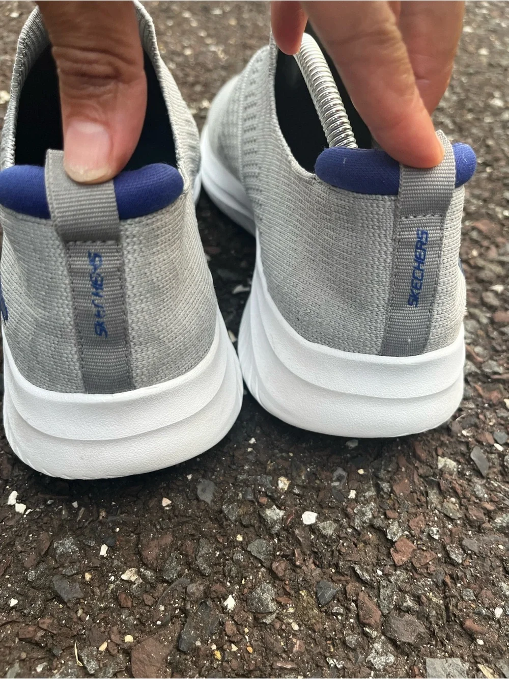 Skechers Men’s 10.5 Slip-On Gray Blue Knit Walking Shoes 232311 EUC
